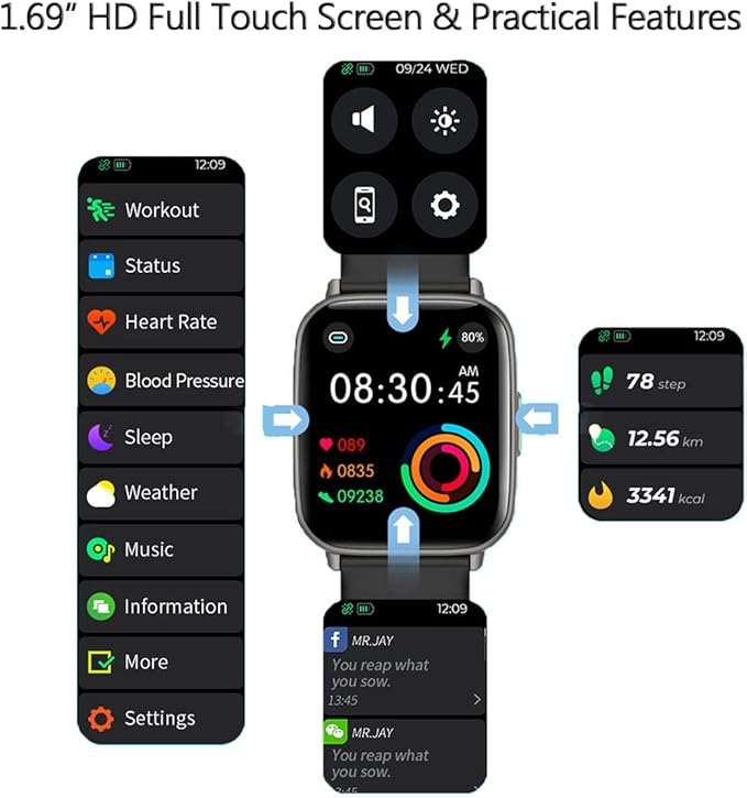 Smart Watch for Men Women Fitness Tracker with Heart Rate Sleep Monitor Step Tracker IP68 Waterproof Pedometer 24 Sport Modes Smartwatch for Android iOS Phones