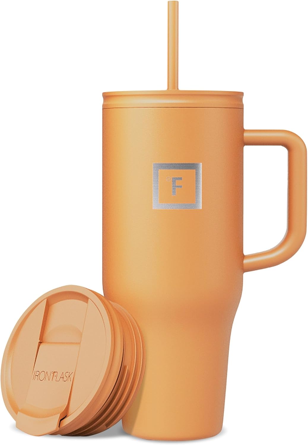 IRON °FLASK Co-Pilot Insulated Mug w/Straw & Flip Cap Lids - Cup Holder Bottle for Hot, Cold Drink - Leak-Proof - Water, Coffee Portable Travel Mug - Clementine, 32 Oz