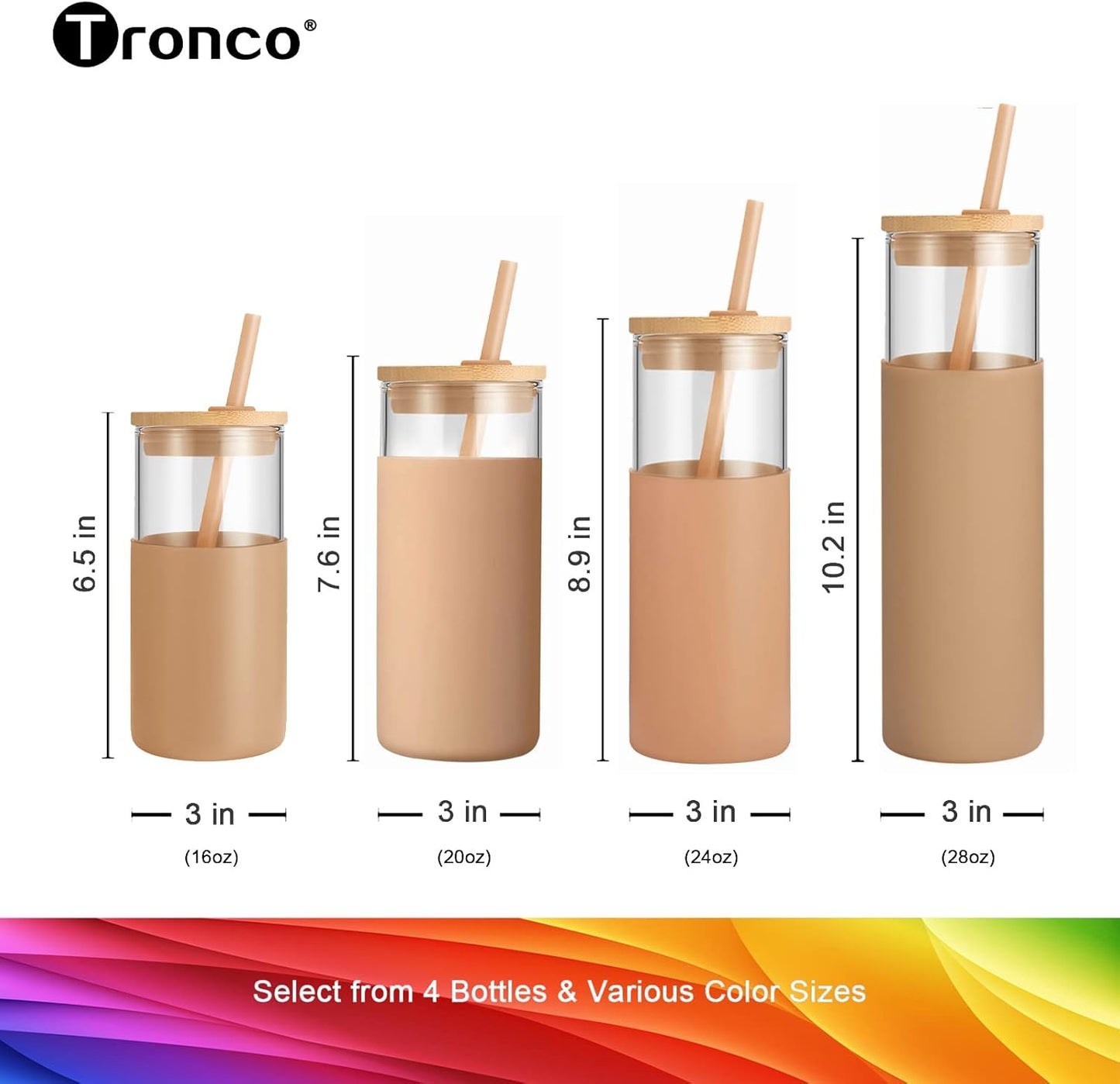 Tronco 24 oz Glass Tumbler with Straw and Lid - Glass Cup with Lid and Straw, Smoothie Cup, Iced Coffee Cup - Bamboo Lid and Protective Silicone Sleeve - BPA-Free