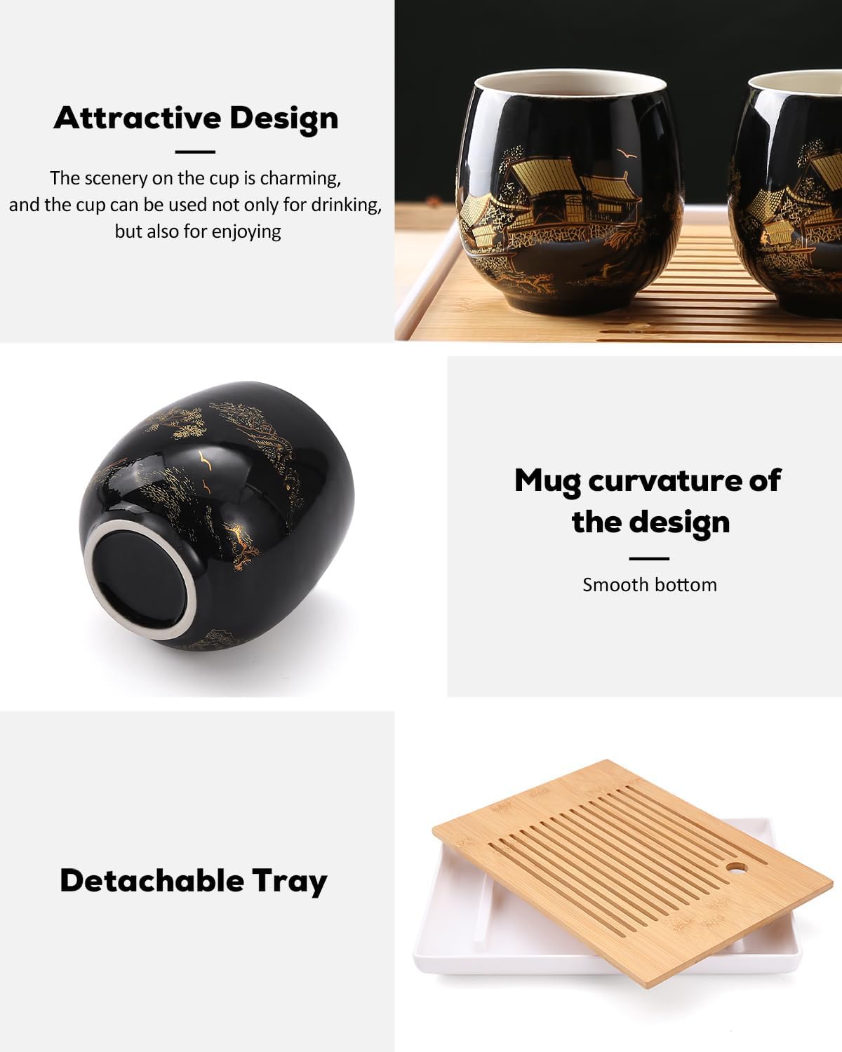 Dujust Japanese Tea Set, Black Porcelain Tea Set with 1 Teapot Set, 6 Tea Cups, 1 Tea Tray, 1 Stainless Infuser, Beautiful Asian Tea Sets for Adults, Tea Lover/Women/Men (Countryside in Golden)