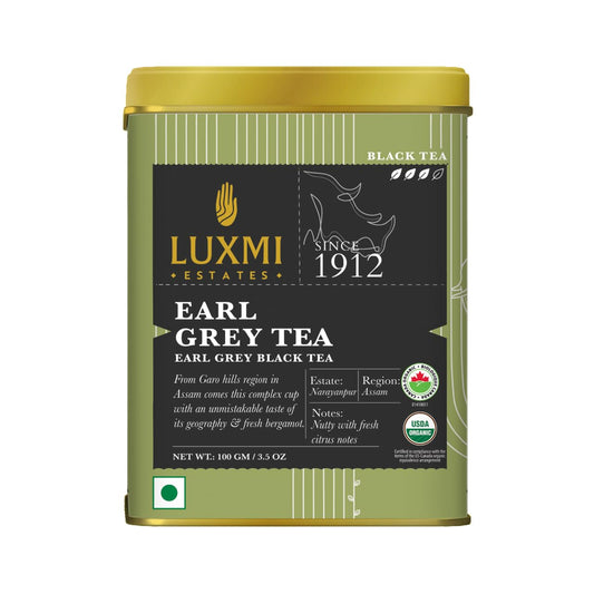 Luxmi Estates Garo Hills Earl Grey Tea 100gm Tin | Certified Organic Black Tea
