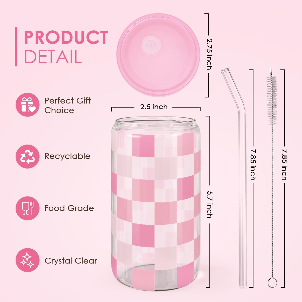 Checker 16 Oz Can Glass Tumbler with Acrylic Lid and Straw - Iced Coffee Cups for Women, Aesthetic Glass Cup Gift for Birthday Christmas