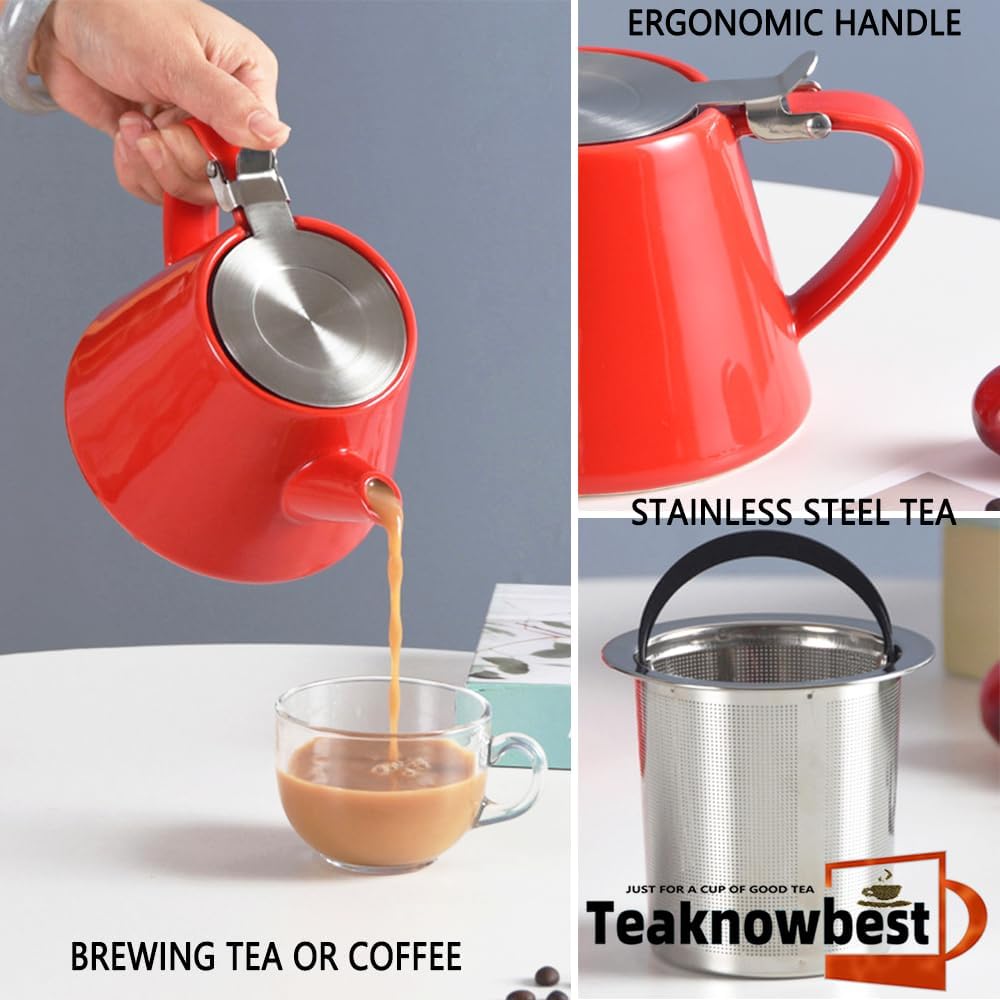 Ceramic teapot, 19oz Tea pot for loose leaf tea, Tea infuser pot with Removable 18/8 Stainless Steel Infuser and teaspoon, Suitable for 1-2 people to brew tea or coffee (pink)