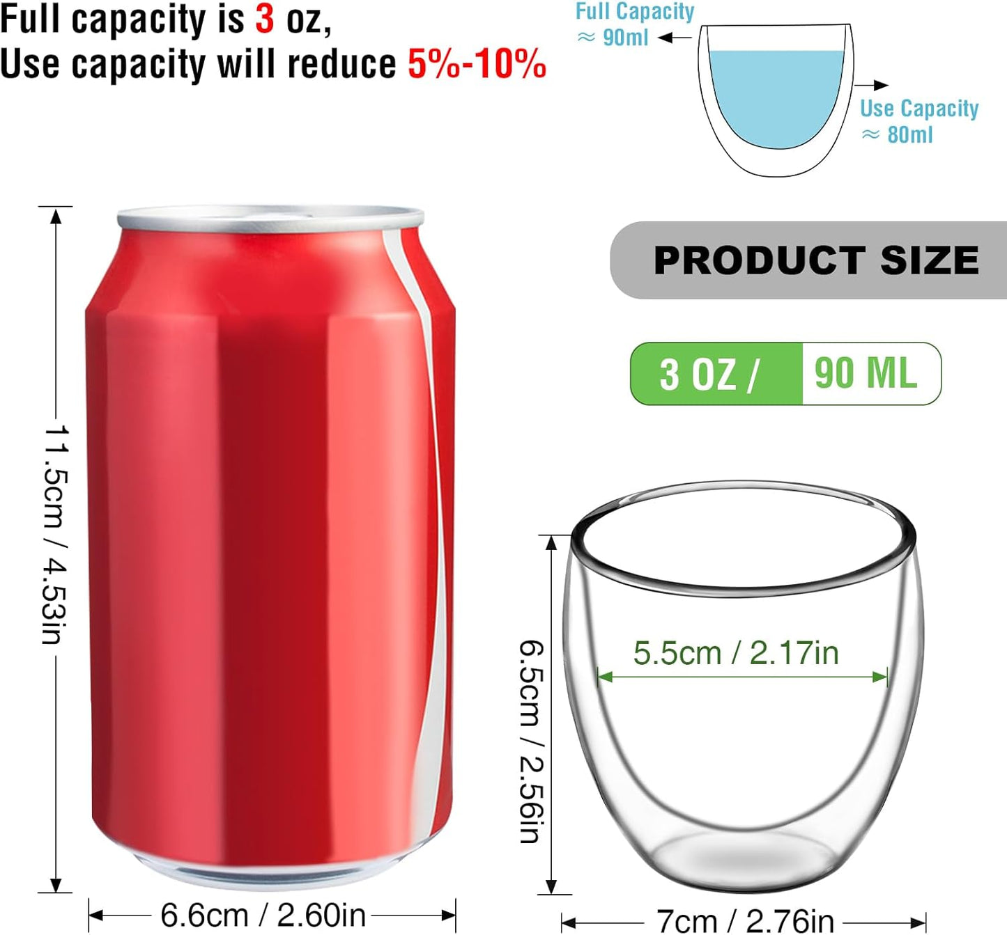 Espresso Cups Set of 4, 3 OZ Expresso Shots Glass Cup, Double Walled Glass Coffee Mugs, Espresso Machine Accessories,Insulated Clear Espresso Shot Glasses Cups,Water Won't Enter Between Double Walls