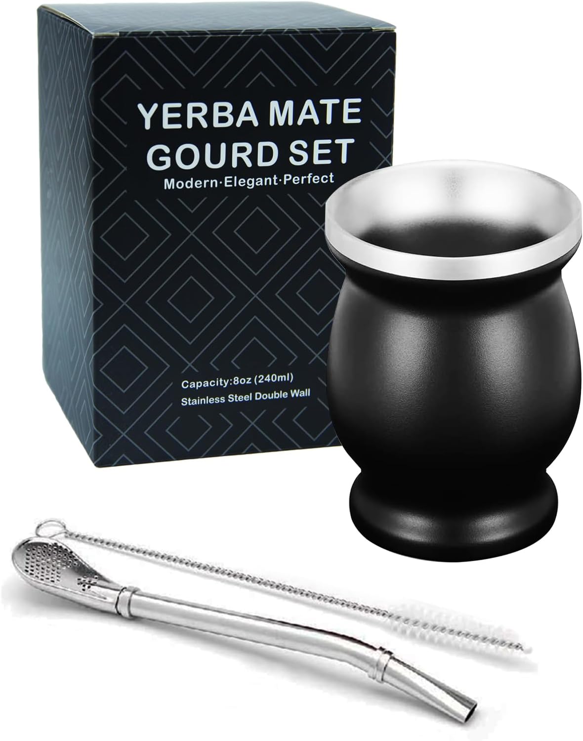 LA FEE Yerba Mate Natural Gourd/Tea Cup Set Brown (Original Traditional Mate Cup - 8 Ounces)，Includes Yerba Mate Straw & Cleaning Brush，Stainless Steel | Double-Walled | Easy to Clean (Black)