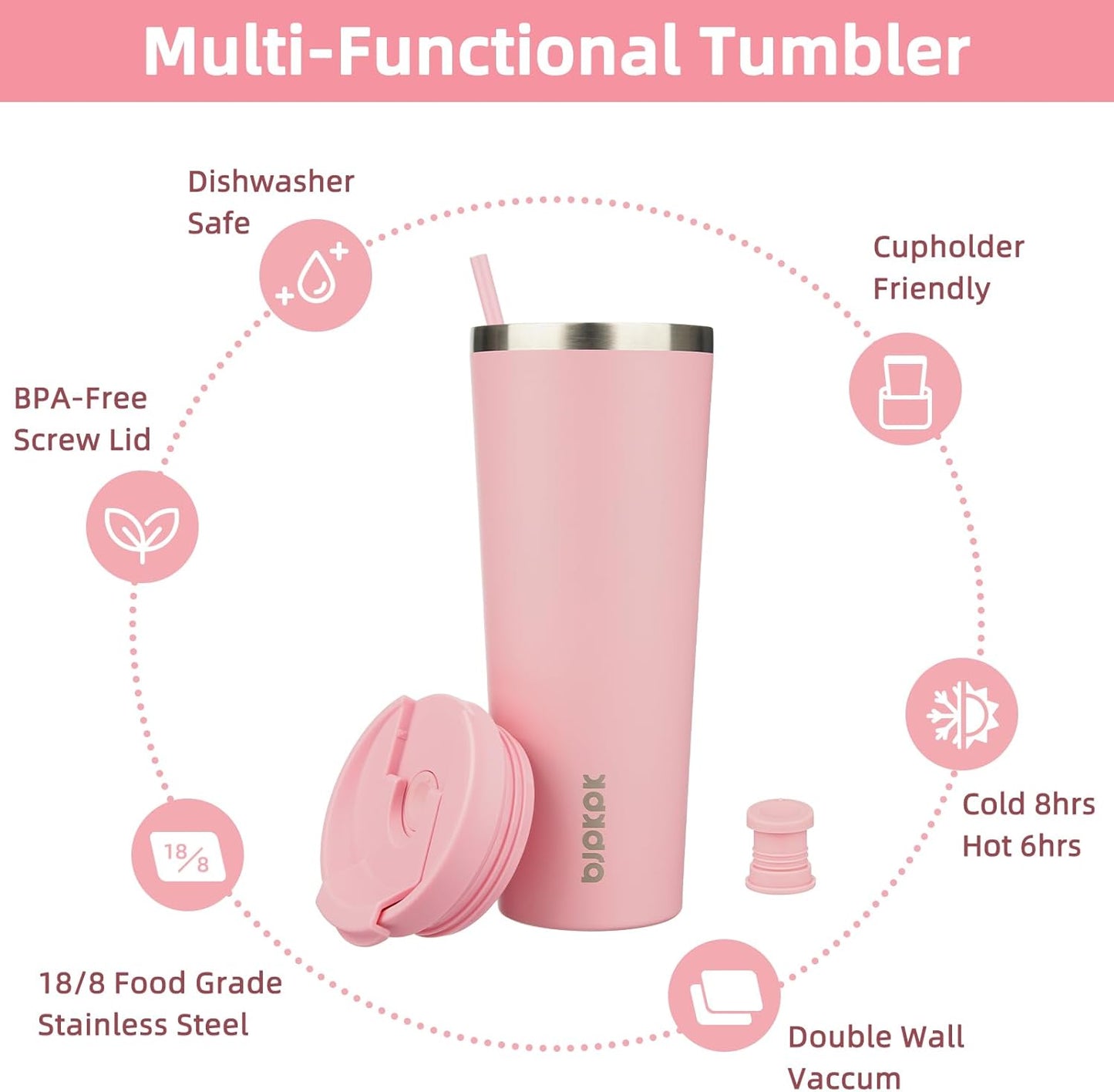 BJPKPK 26oz Tumbler With lid And Straw Stainless Steel Travel Coffee Mug Insulated Tumblers Cups,Light Pink