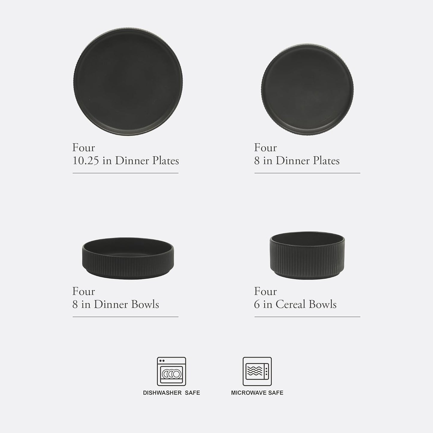 Gibson Elite Deerfield 16-Piece Stoneware Dinnerware Set – Matte Black Reactive Glaze Plates and Bowls, Stackable, Modern Design, Service for 4 – Microwave & Dishwasher Safe