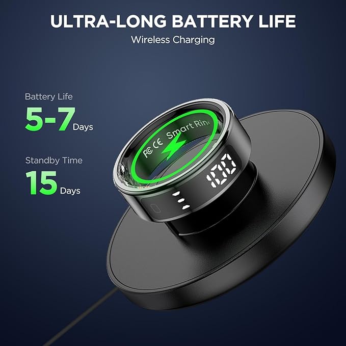 Smart Rings for Men with Display Screen, Fitness Ring with Wireless Charging, Sleep Tracker Ring with Heart Rate, Health Rings for Activity Monitoring/Steps/Calories, for iOS Android (Black,11#)