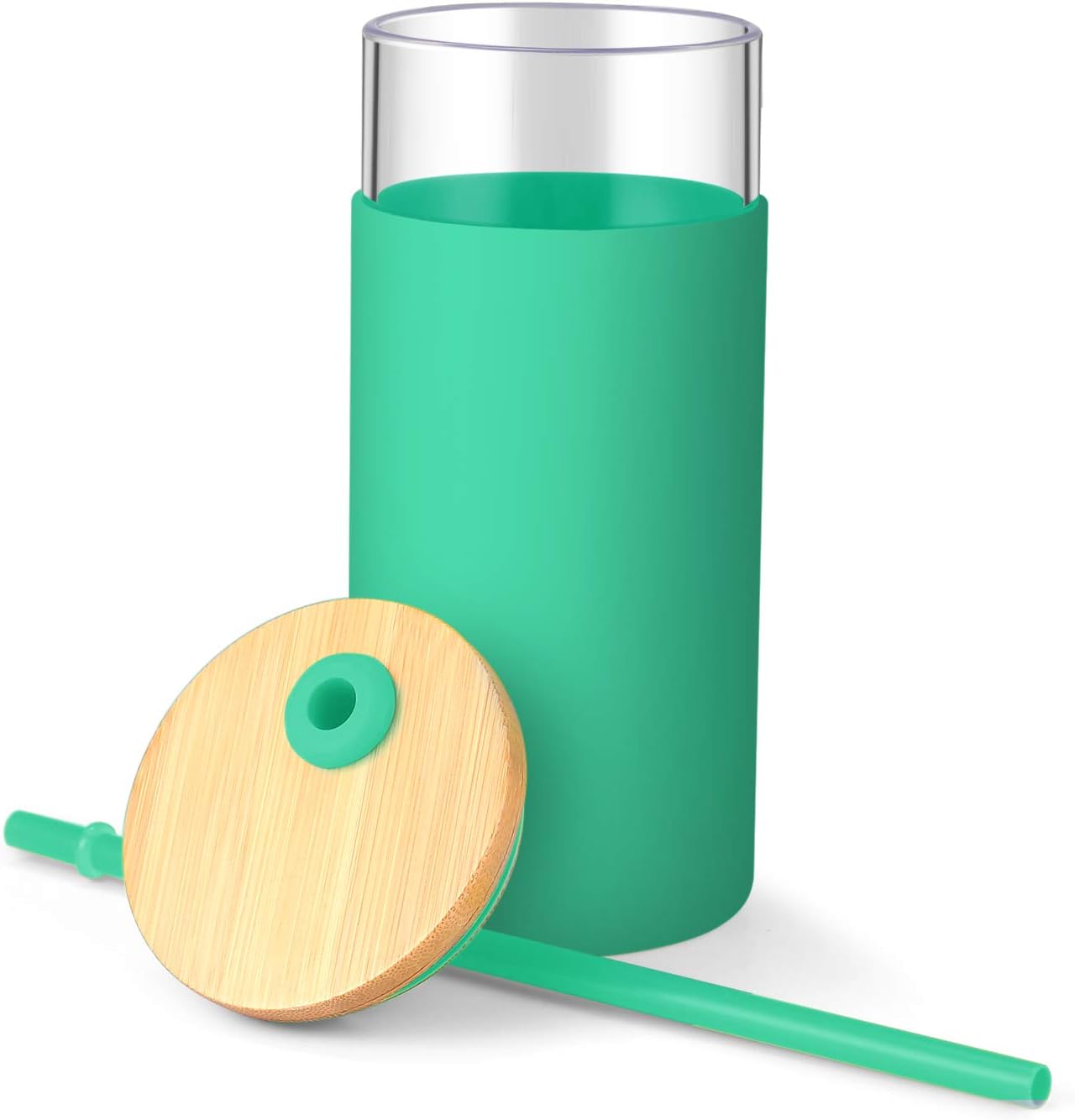 Tronco 20 oz Glass Tumbler with Lid and Straw, Reusable Iced Coffee Cup with Silicone Sleeve & Bamboo Lid, Smoothie Cup for Home,Office, for Father Men Day Gift from Wife Daughter Son (Gress)