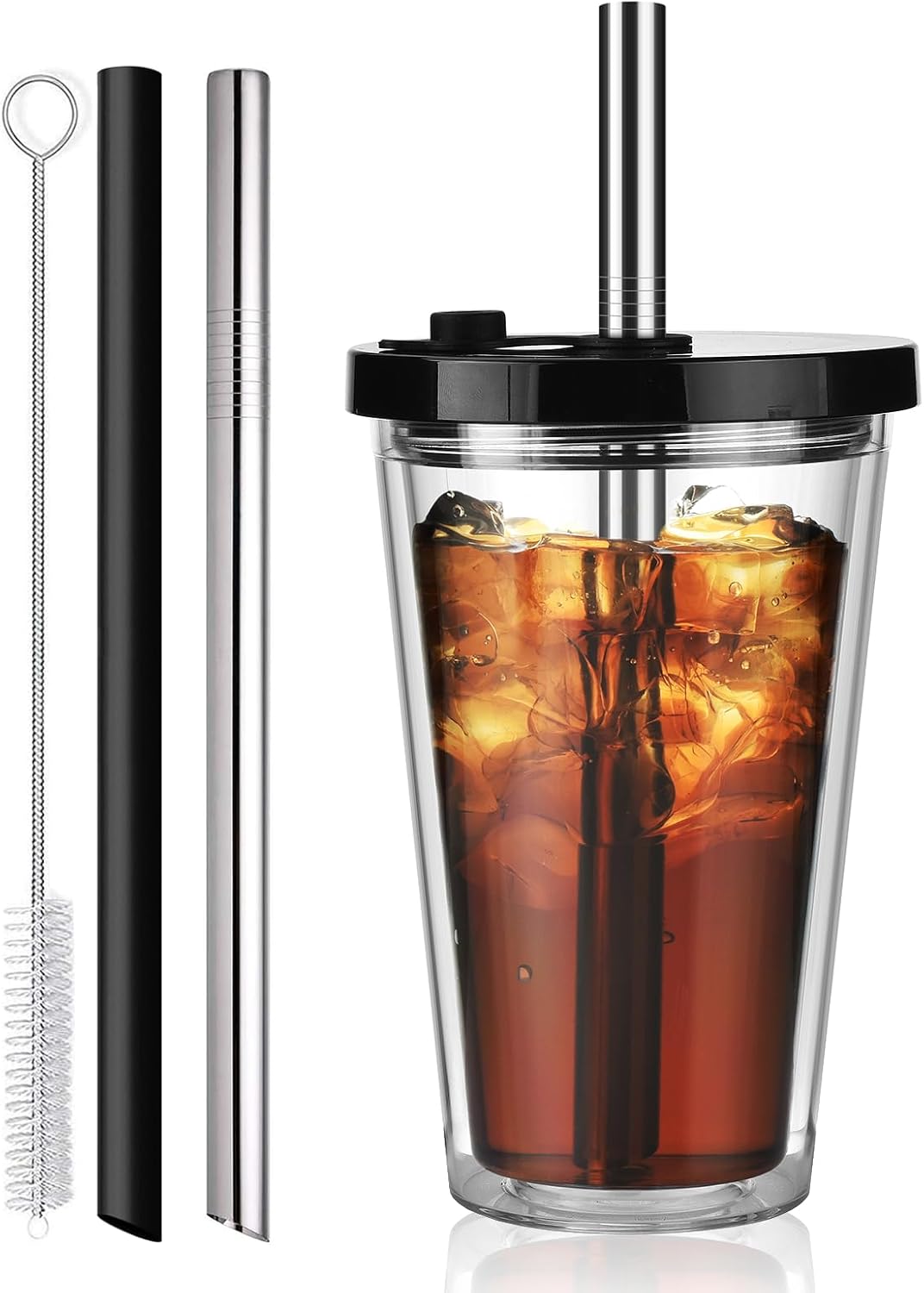 ALINK Reusable Iced Coffee Cup with Lid and Straw, 16 oz Grande Boba Tea Smoothie Cup, Leak Proof Double Wall Insulated Iced Coffee Tumbler for Hot Cold Drinks, Milkshaks, With 2 Boba Straws 1 Brush