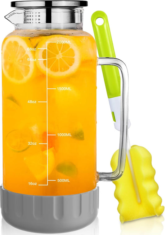Aofmee 68oz Glass Pitcher with Lid, 2 Liter Water Carafe with Silicone Base and Precise Scale Line, Ice Tea Pitcher for Fridge, Anti-Slip Glass Jug for Sun Tea Juice Coffee Milk Beverage (Gray)