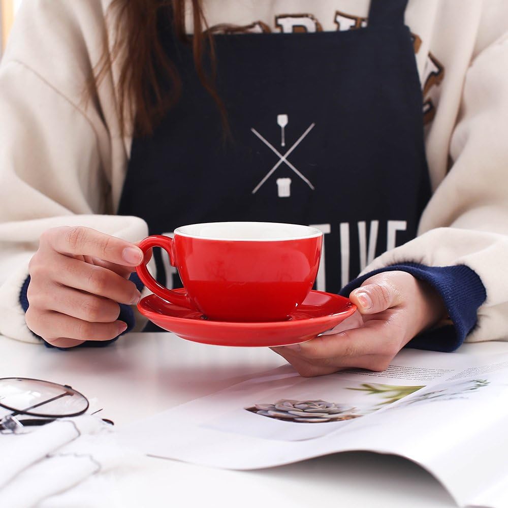 Double Espresso Coffee Cup and Saucer, Small Cappuccino and Speciality Coffee, New Bone China for Coffee Shop and Barista (Glossy Red, 5 oz)