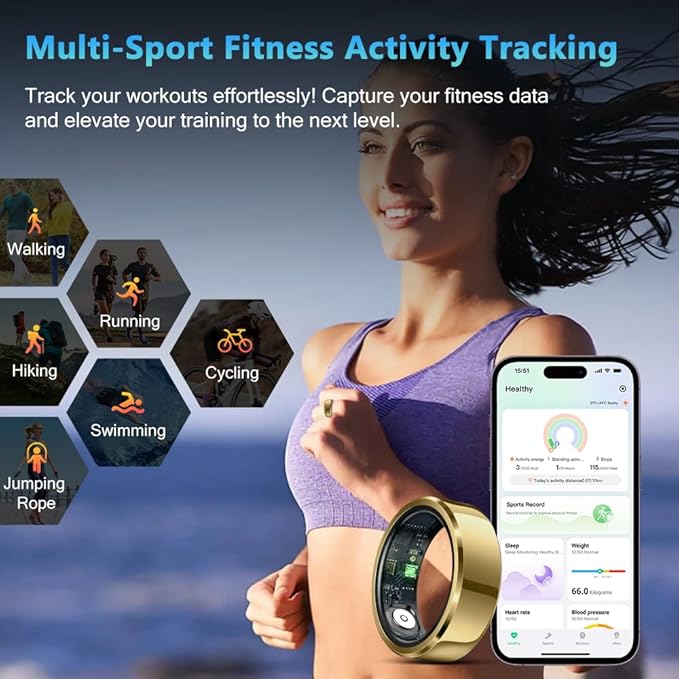 Smart Ring Health Tracker for Men Women, Waterproof Fitness Ring, Bluetooth Connected Health Ring, Activity Tracker Records Steps Distance Calories, Compatible with Android & iOS