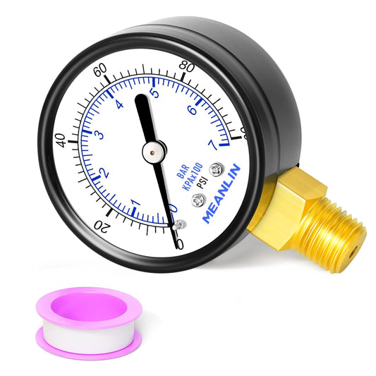 MEANLIN MEASURE 0-100Psi Well Pump Pressure Gauge 2" FACE DIAL 1/4" NPT for Well Pump Water Tire Water Pressure Tester Lower Mount, with Teflon Tape