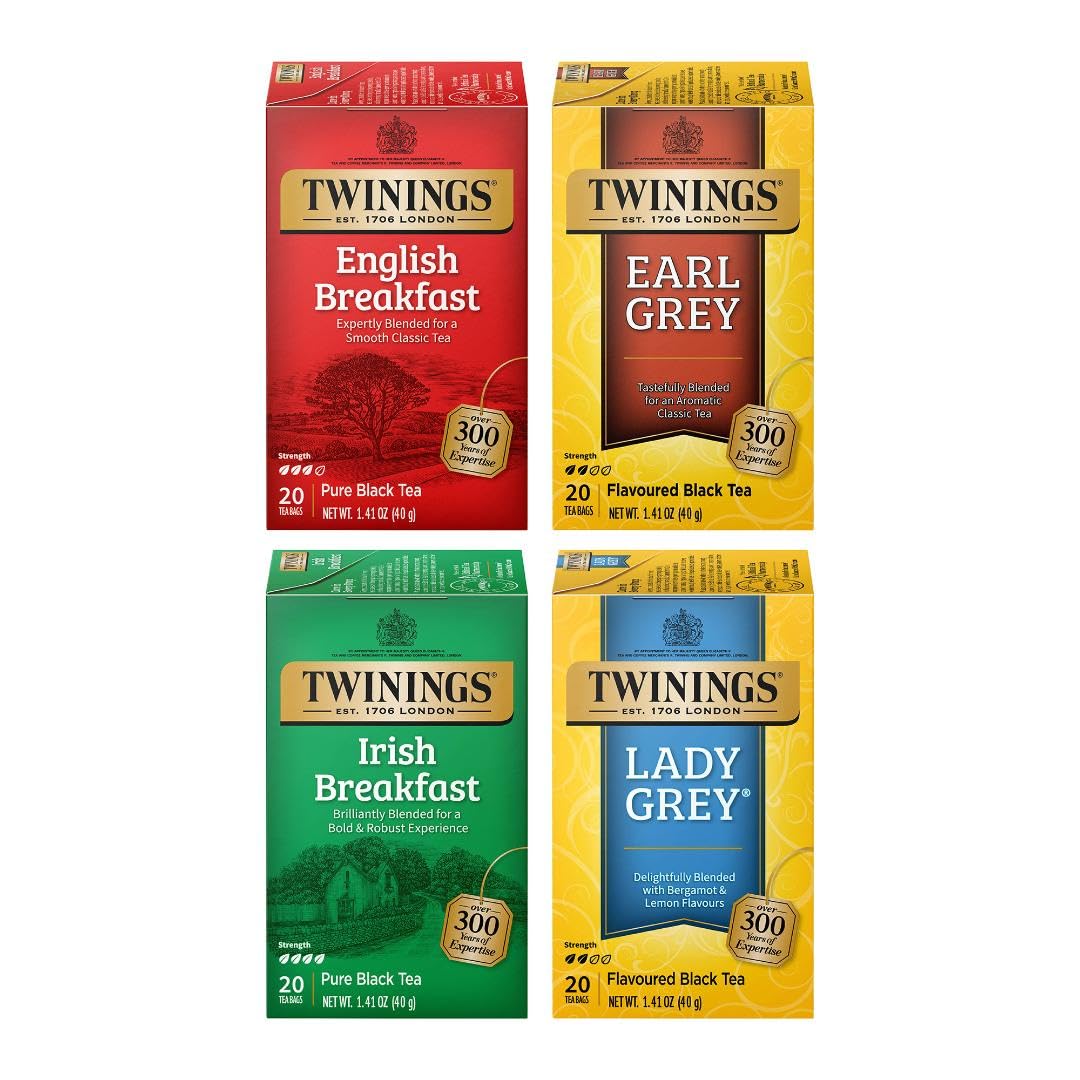 Twinings Variety Pack Black Tea Bags, 20 Count (Pack of 4), Includes English Breakfast, Earl Grey, Irish Breakfast, and Lady Grey, Caffeinated, Enjoy Hot or Iced, 80 Teabags