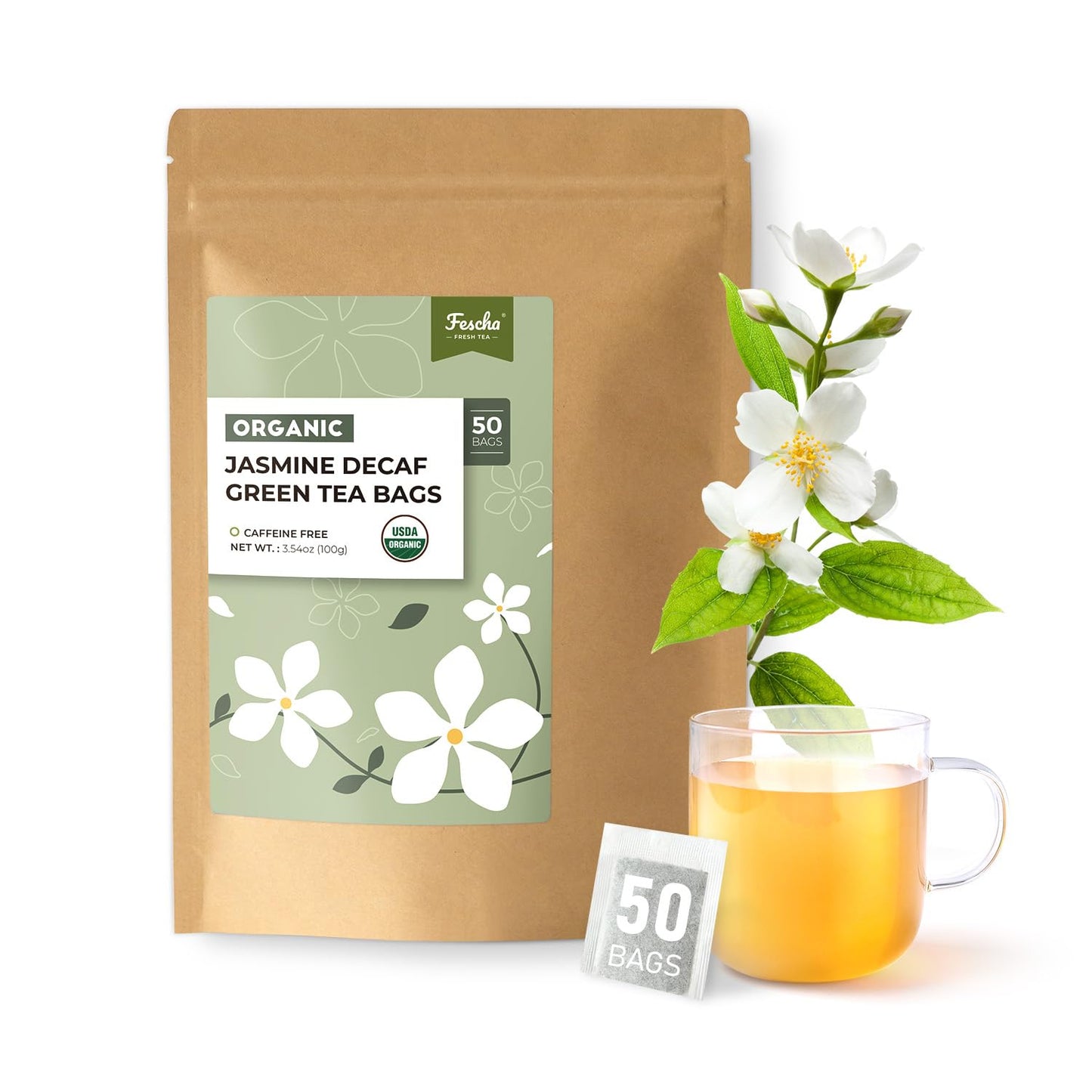 Fescha Organic Decaf Jasmine Green Tea Bags Flower-scented Tea (50-count), Eco-Conscious Tea Bags, Packed by Resealable Kraft Bag