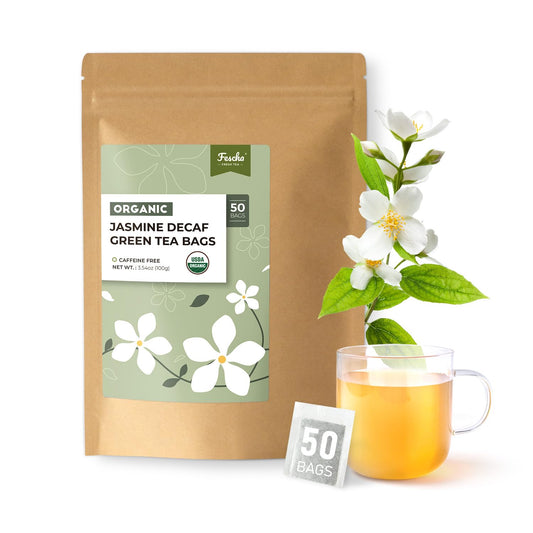 Fescha Organic Decaf Jasmine Green Tea Bags Flower-scented Tea (50-count), Eco-Conscious Tea Bags, Packed by Resealable Kraft Bag