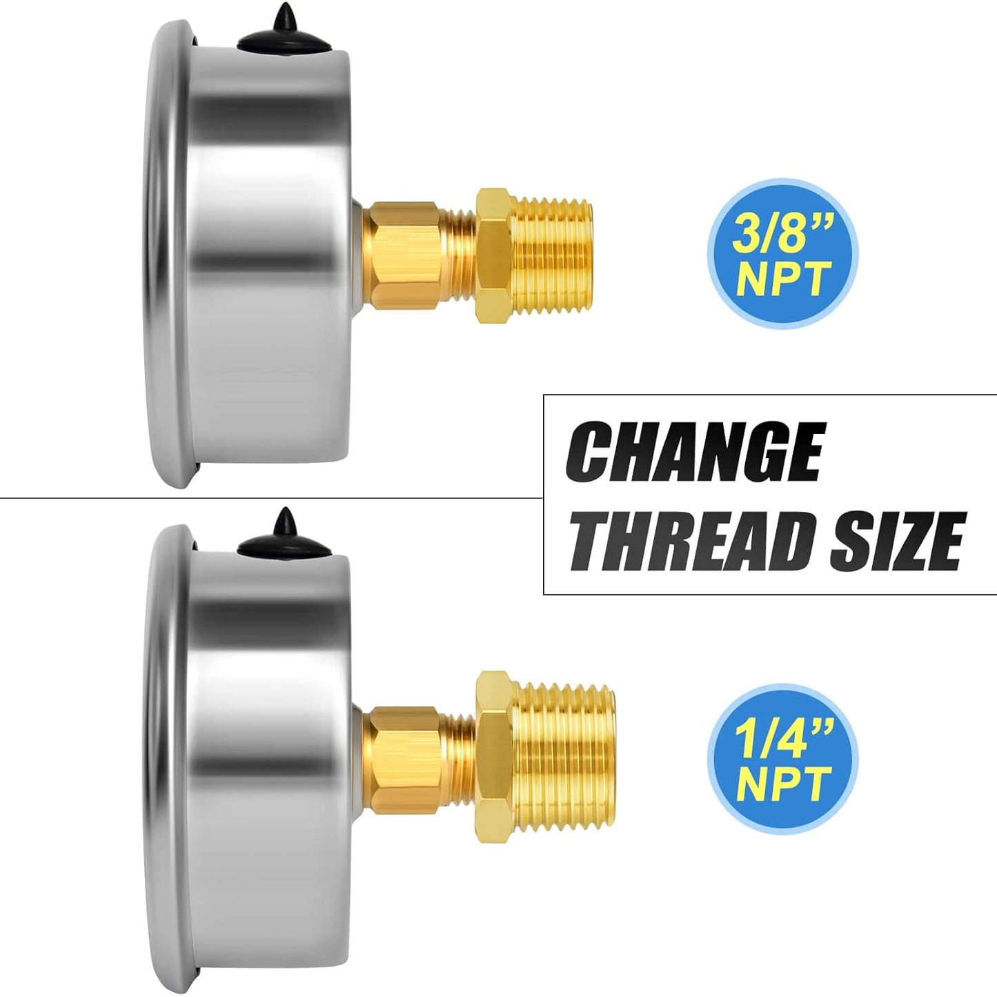 MEANLIN MEASURE -30inHG~30Psi Stainless Steel 1/8" NPT 2.5" FACE DIAL Vacuum Pressure Gauge, Center Back Mount, with 1/4" NPT and 3/8" NPT Hex Bushing