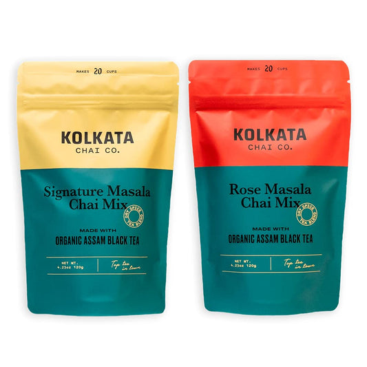 Kolkata Chai Signature Masala Chai & Rose Chai Combo Pack, Makes 40 cups, Premium loose leaf tea and spice blend, All Natural