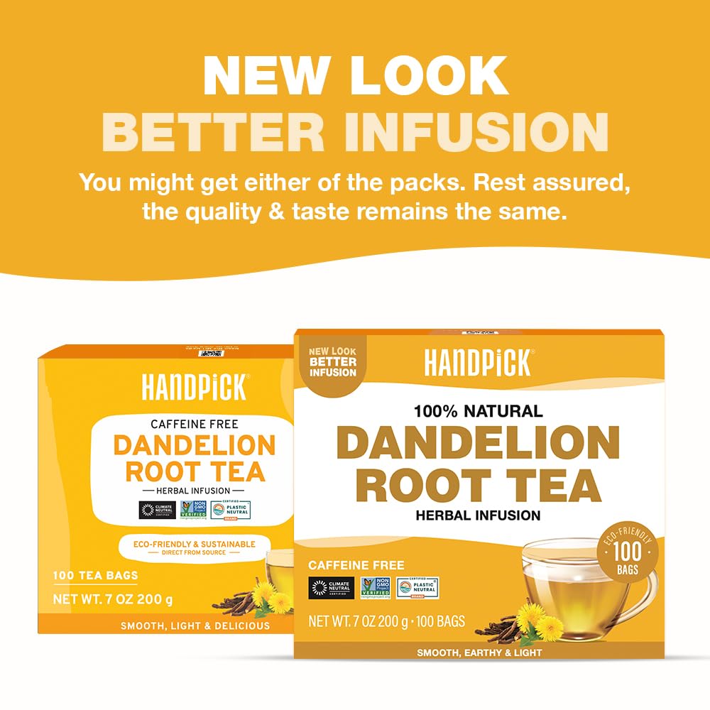 HANDPICK, Dandelion Root & Leaf Tea Bags (100 Herbal Tea Bags) Caffeine-Free Herbal Blend | Eco-Conscious Teabags | Direct from Source