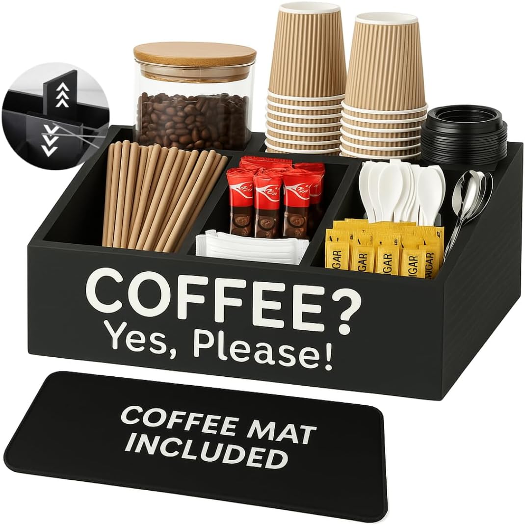 Coffee Bar Organizer for Countertop and Silicone Mat Included - Coffee Organizer Station with Removable Drawers - Tea Station for Countertop - Home Bar Accessories