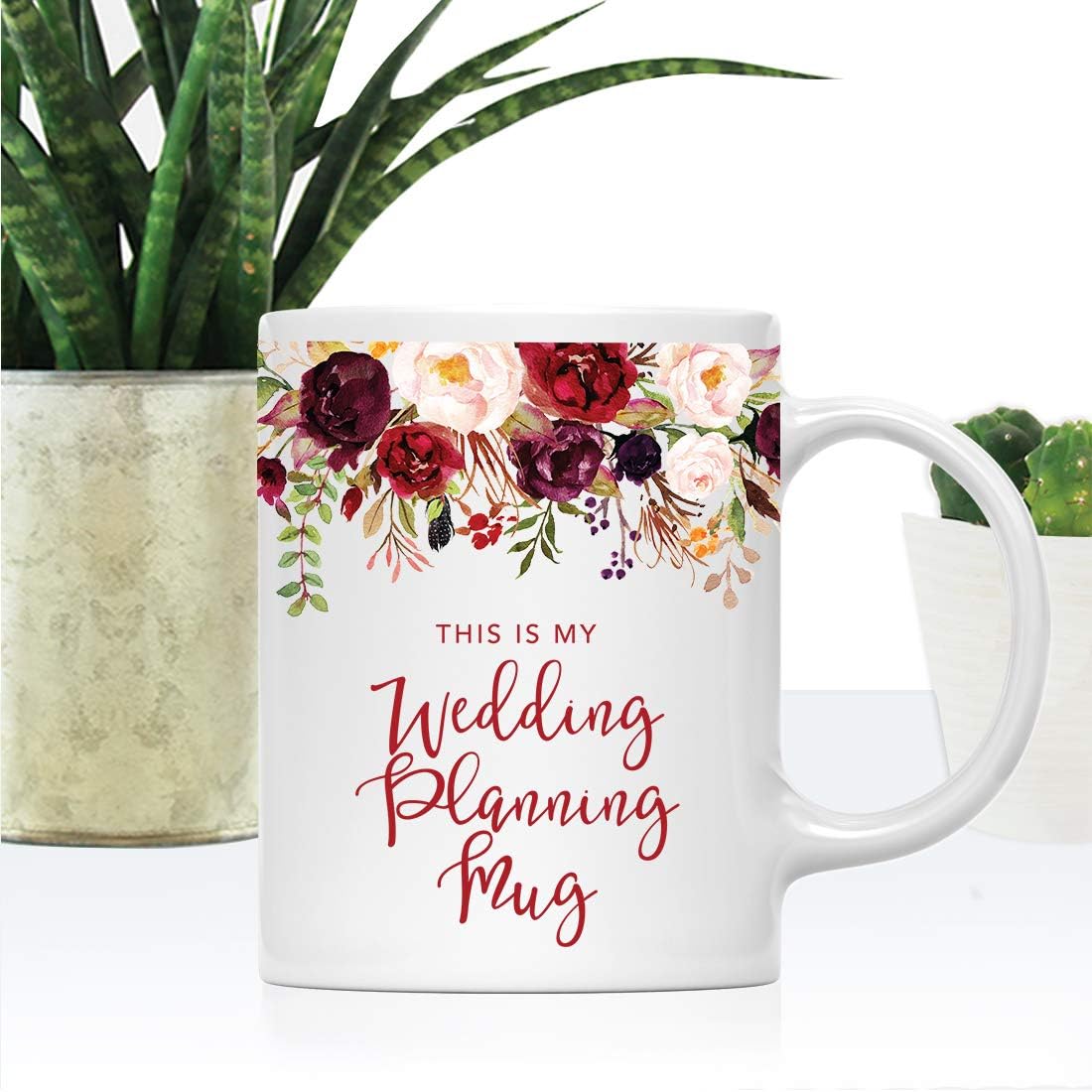 Andaz Press 11oz. Wedding Ceramic Coffee Tea Mug Gift, Fall Autumn Marsala Burgundy Flowers Roses Florals, This is My Wedding Planning Mug, 1-Pack, Includes Gift Box