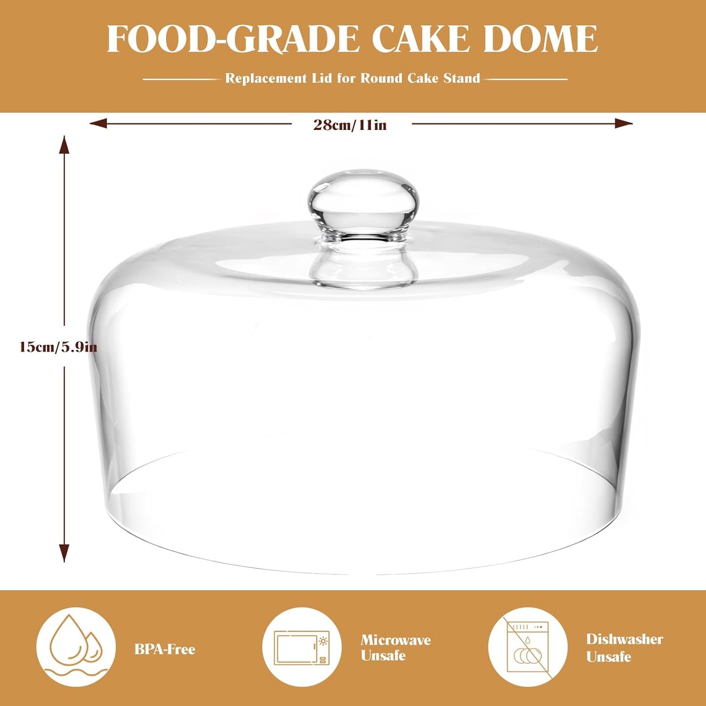 11 Inch Glass Cake Dome Cover, Upgraded Thickened Clear Cake Cover Lid for Cake Stand, Round Cloche Glass Dome for Dessert Plates Display and Protection