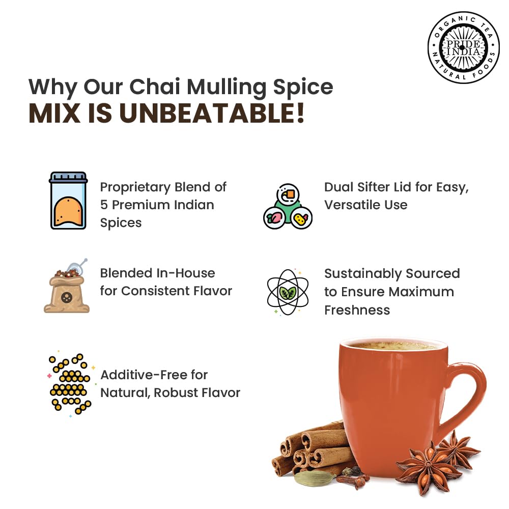Pride of India | Chai Masala Mulling Spice Mix 6 oz (170 gm) Medium Dual Sifter Jar | Gourmet Spice Mix for Teas & Coffee | Caffeine Free | Authentic Mulling Spice Blend | Vegan & Gluten-Free | Easy to Store