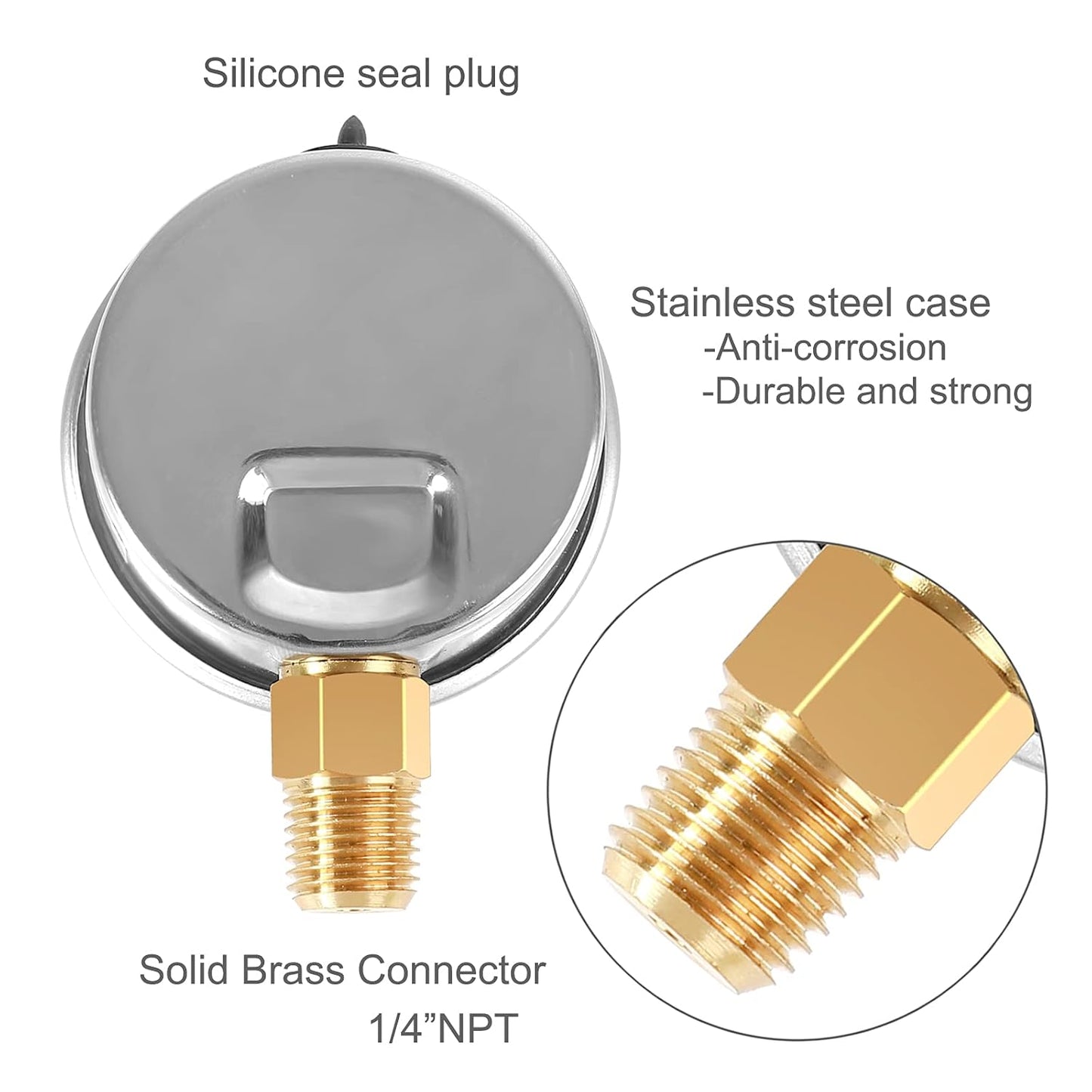 Glycerin Filled Low Pressure Gauge 30psi/2bar, Stainless Steel case, Brass Inside Construction, 2-1/2" dial, 1/4" NPT Rear Connection.