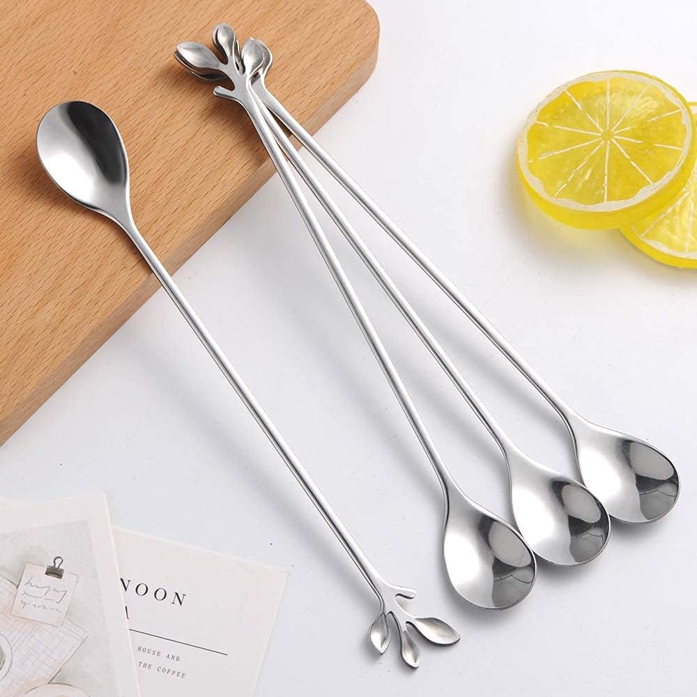 AnSaw 6-Piece Elegant Silver Leaf Long Handle Teaspoons - 7.4" Stainless Steel Stir Spoons for Coffee & Tea, Perfect for Mixing & Stirring