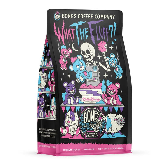 Bones Coffee Company What the Fluff?! Berry Cotton Candy Flavored Coffee, Medium Roast Low Acid Arabica Beans Compatible with Auto drip and French Press Coffee Maker, 12 Oz Ground