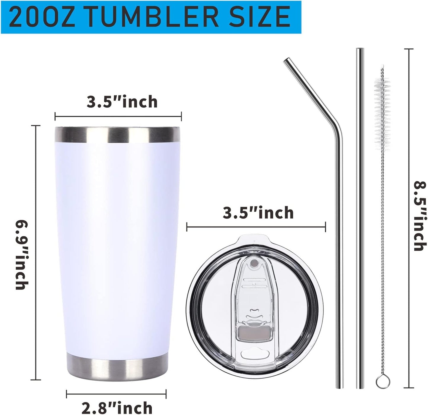 Pandance 20oz Stainless Steel Insulated Tumblers with Lid and Straw Bulk, Double Wall Vacuum Water Cups for Hot & Iced Coffee Drinks Travel Mug (White, 12 pack)