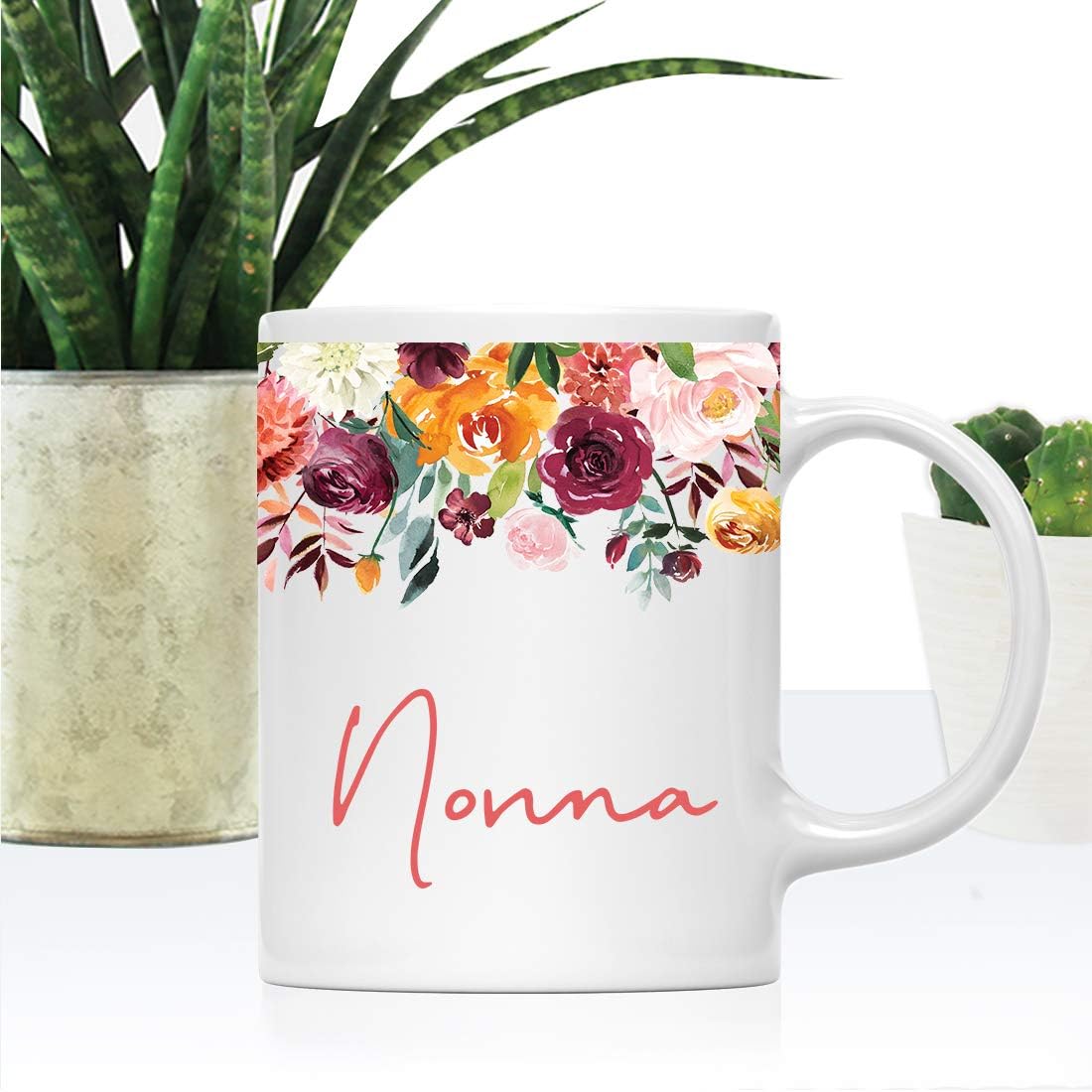 Andaz Press 11oz. Mother's Day Ceramic Coffee Tea Mug Gift, Fall Autumn Burgundy Orange Peach Flowers Roses Florals, Nonna, 1-Pack, Includes Gift Box, Birthday Christmas Gift Ideas
