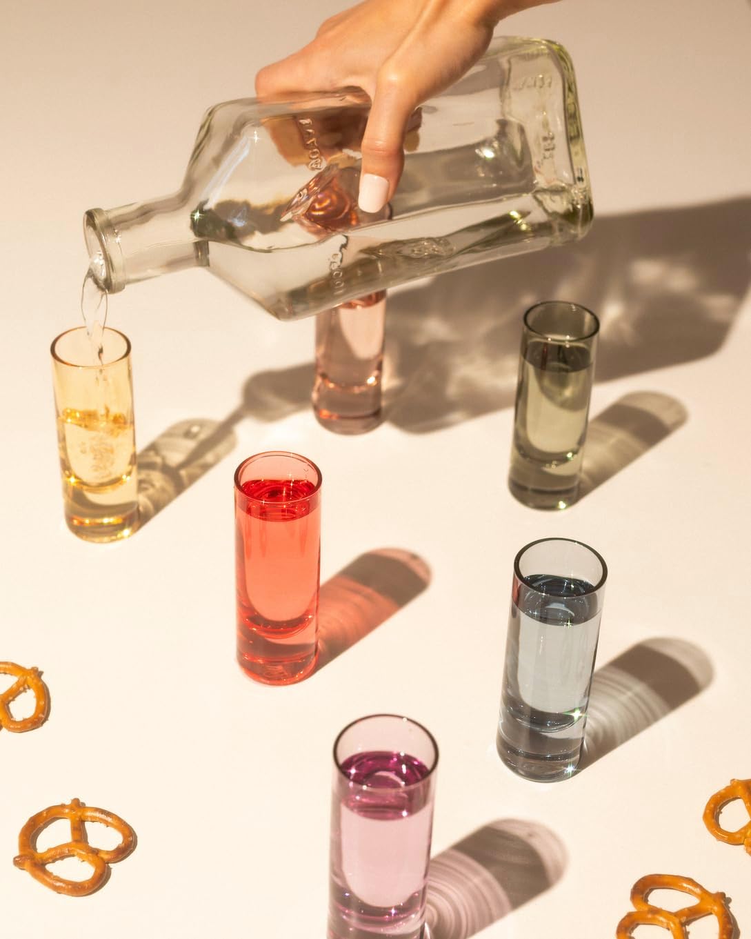 Saludi Colored Shot Glasses, 2oz (Set of 6) Multi-Color Glass with Wood Paddle - Luxury, Durable, Hand-Blown