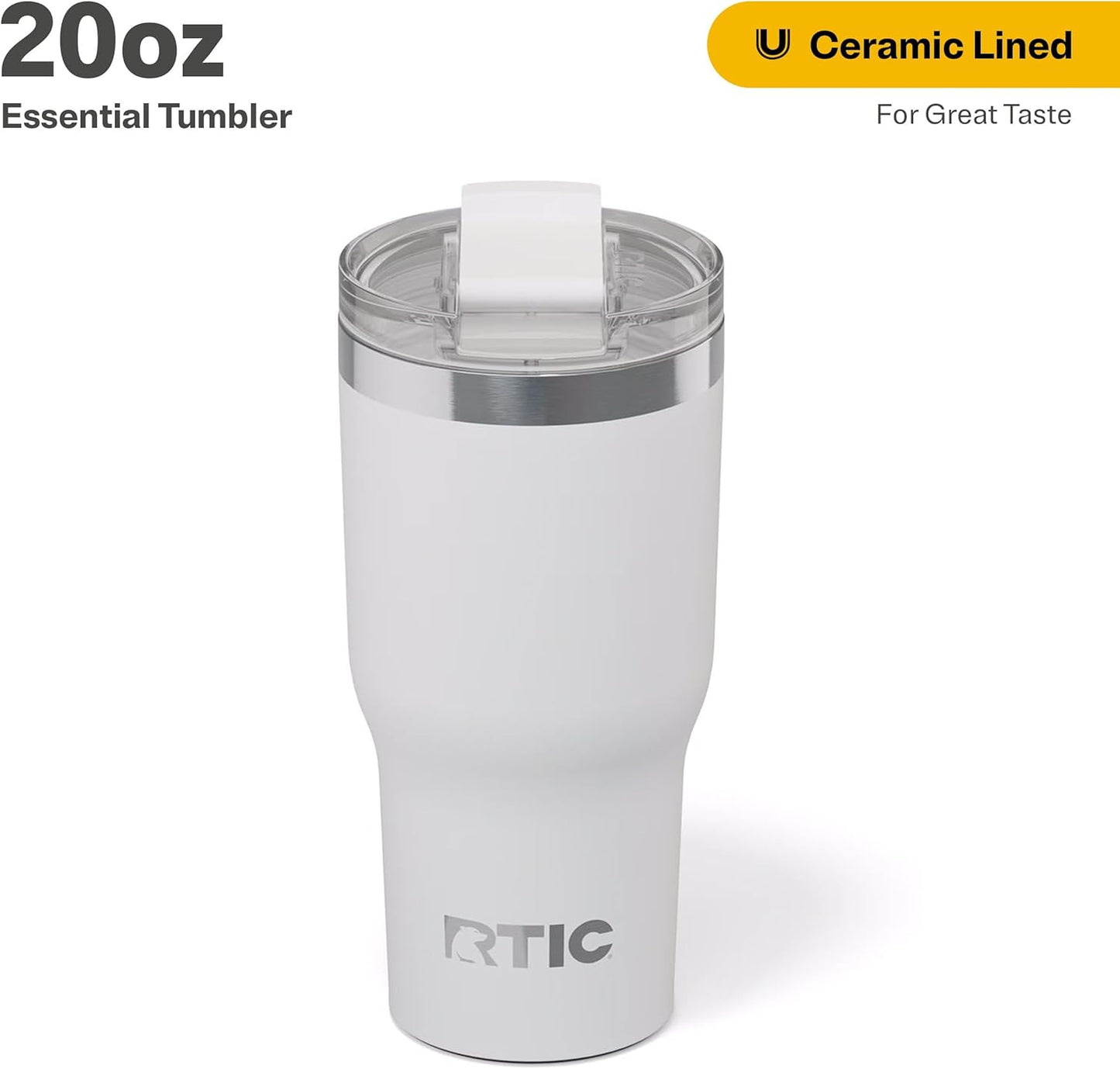 RTIC 20oz Essential Tumbler with Lid, Insulated, Stainless Steel, Metal, Double Wall Vacuum-Insulation, Ceramic Lined, Travel Cup for Iced Coffee, Tea, Hot and Cold Drink, White