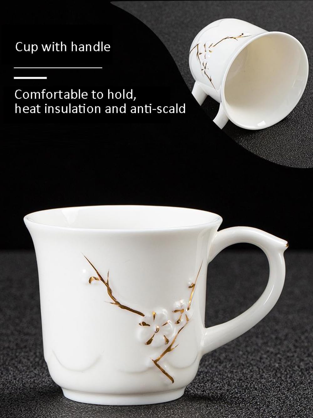 KEYDUACU Japanese Tea Set, White Ceramic Tea Set, Plum Blossom Embossed, Includes 1 Teapot, 6 Anti-scald Teacups,Tea Tray,Strainer, Used for Home, Outdoor, Gift, Chinese Kung Fu Tea Set(FDMH-FT-WHITE)