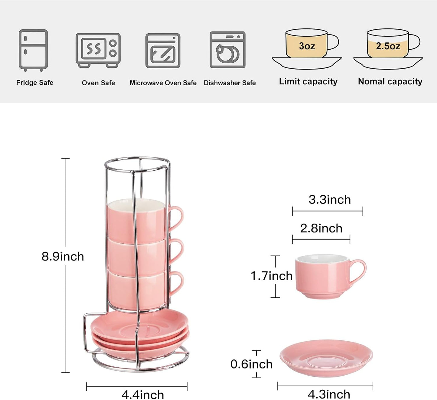 2.5 Ounce Porcelain Espresso Cups with Saucers and Silver Stand, Pink Stackable Cups Set of 4