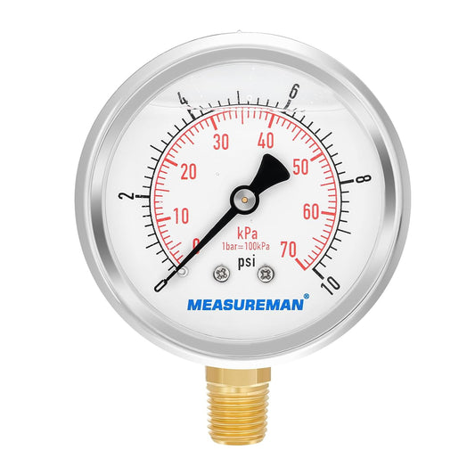 MEASUREMAN 2-1/2" dial,Glycerin Filled, Stainless Steel case, Brass Inside, 0-10psi/kpa,1/4" NPT Lower Mount