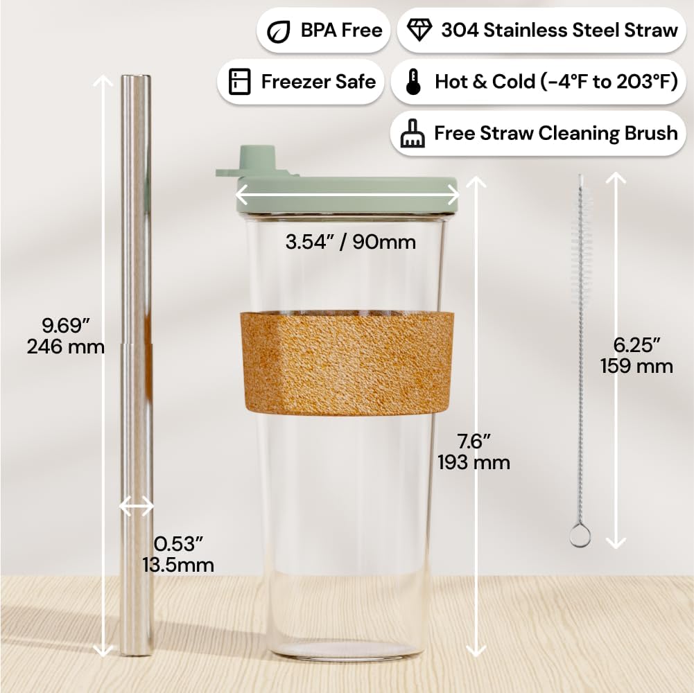 Dodoko Sage Green 24 oz Reusable Boba Cup and Straw Bubble Tea Cup with Wide Lid and Straw