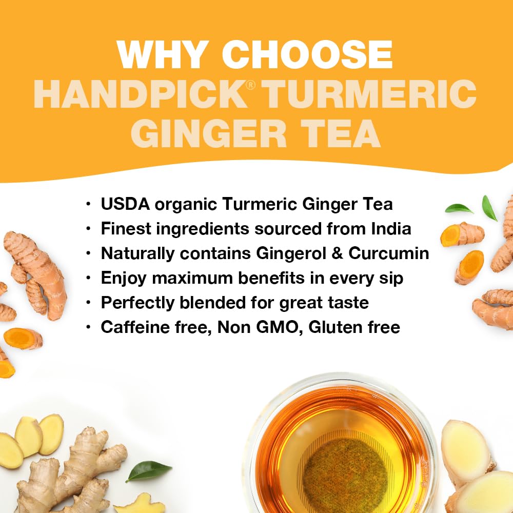 HANDPICK, Organic Turmeric Ginger Tea, 100 Eco-Conscious Tea Bags | Caffeine Free, Gluten Free, Non-GMO | 100% Pure Herbal Blend - Savory & Spicy