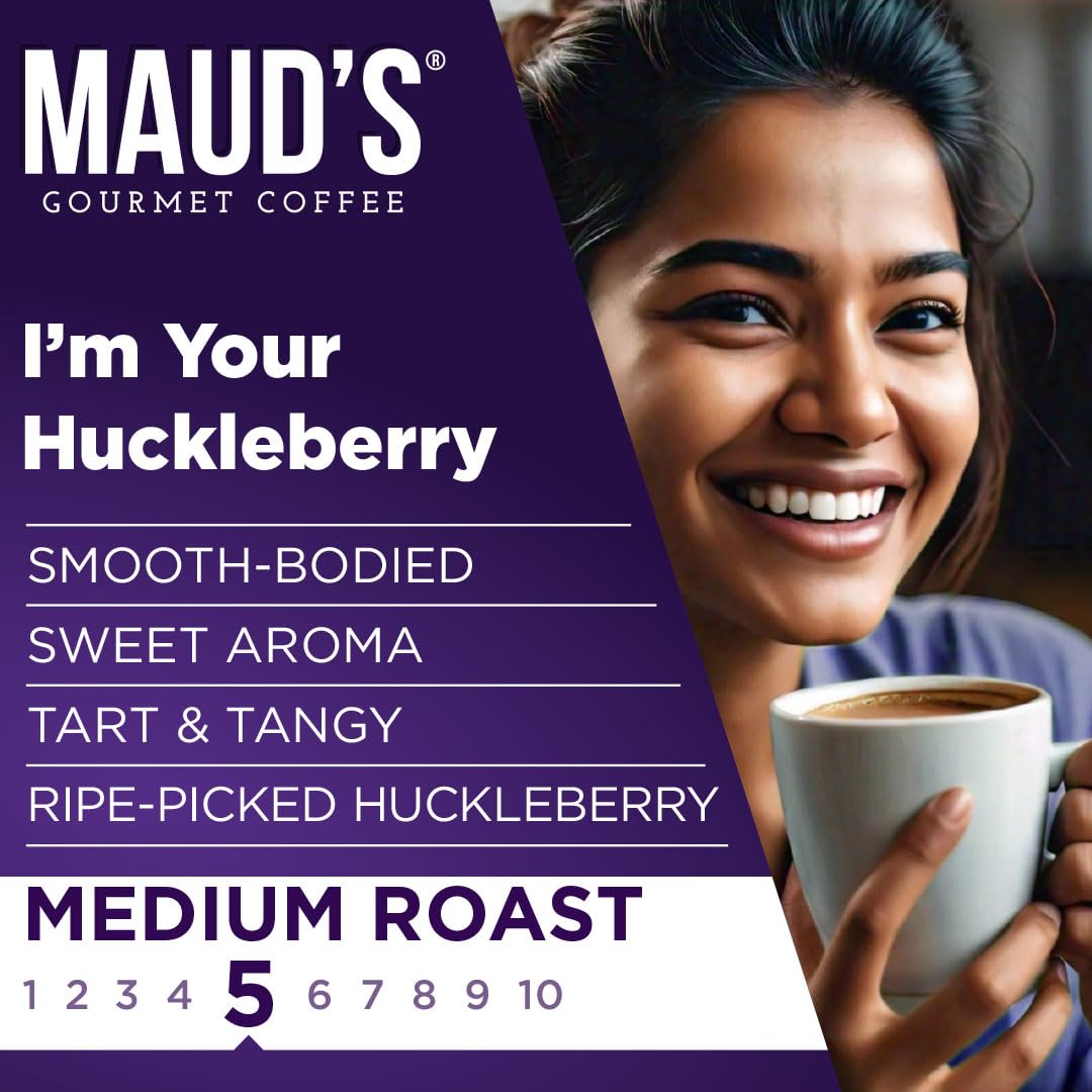Maud's Huckleberry Flavored Coffee Pods, 18 ct, Medium Roast Flavored Coffee in Recyclable Single Serve Pods – 100% Arabica Beans, Compatible with Keurig K Cups Maker