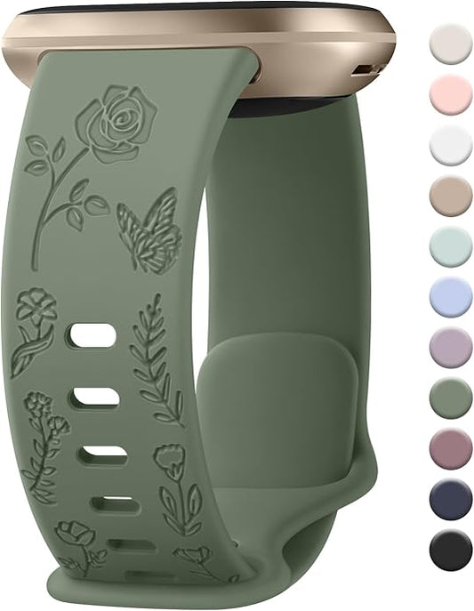 AK Floral Engraved Band Compatible with Fitbit Sense 2 / Sense Bands/Fitbit Versa 4 / Versa 3 Bands Women Men, Soft Sport Replacement Wristbands for Fitbit Sense 2 / Sense/Versa 4 / Versa 3 Smart Watch