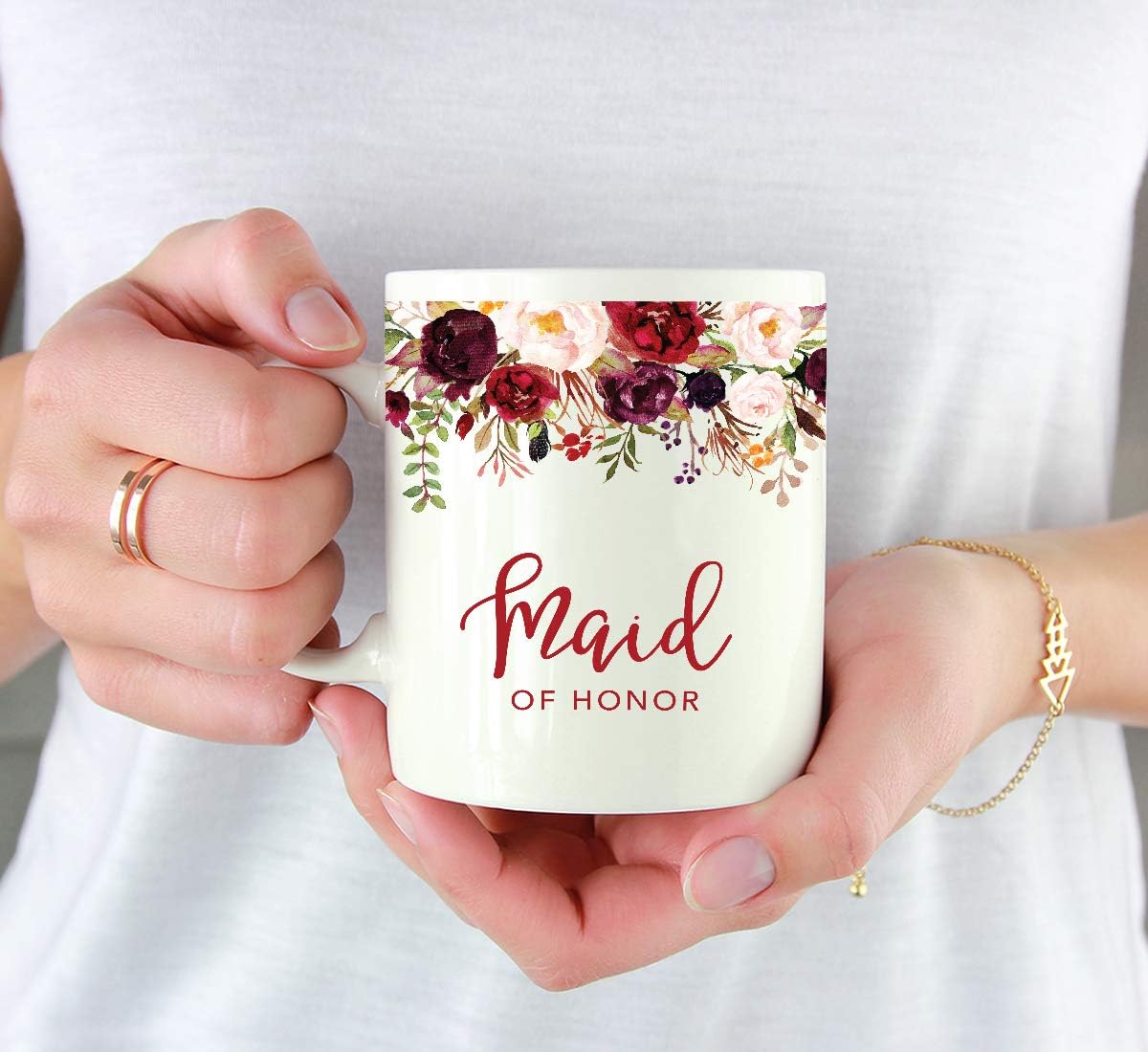 Andaz Press 11oz. Wedding Ceramic Coffee Tea Mug Gift, Fall Autumn Marsala Burgundy Flowers Roses Florals, Maid of Honor, 1-Pack, Includes Gift Box