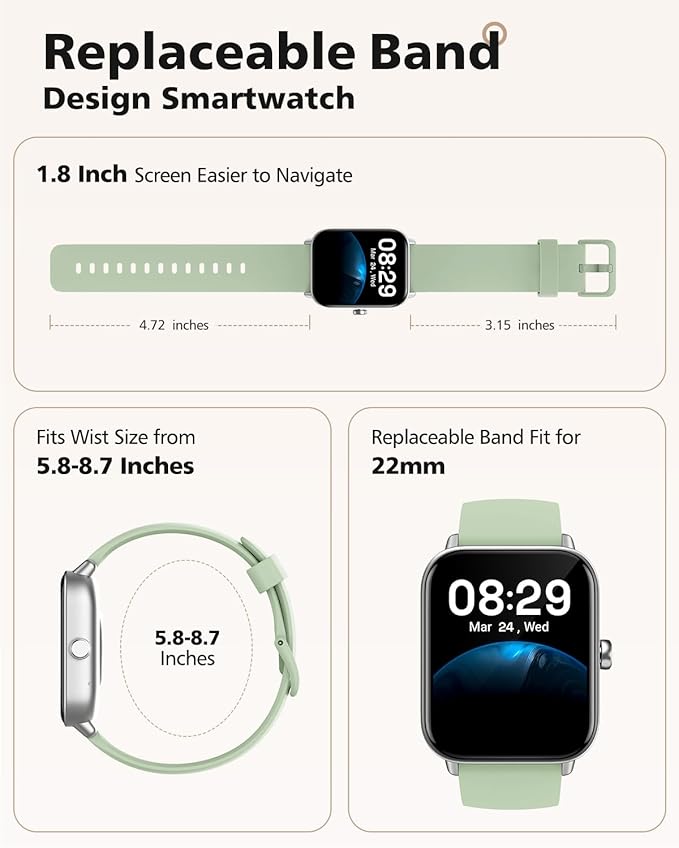 Smart Watch, Compatible with iPhone 9.0 or Above and Android 6.0 or Above, 45mm Men's and Women's Watch, Smartwatch Fitness Tracker, Fits Wrists 5.8-8.7 Inches (160-230mm), Waterproof, Green