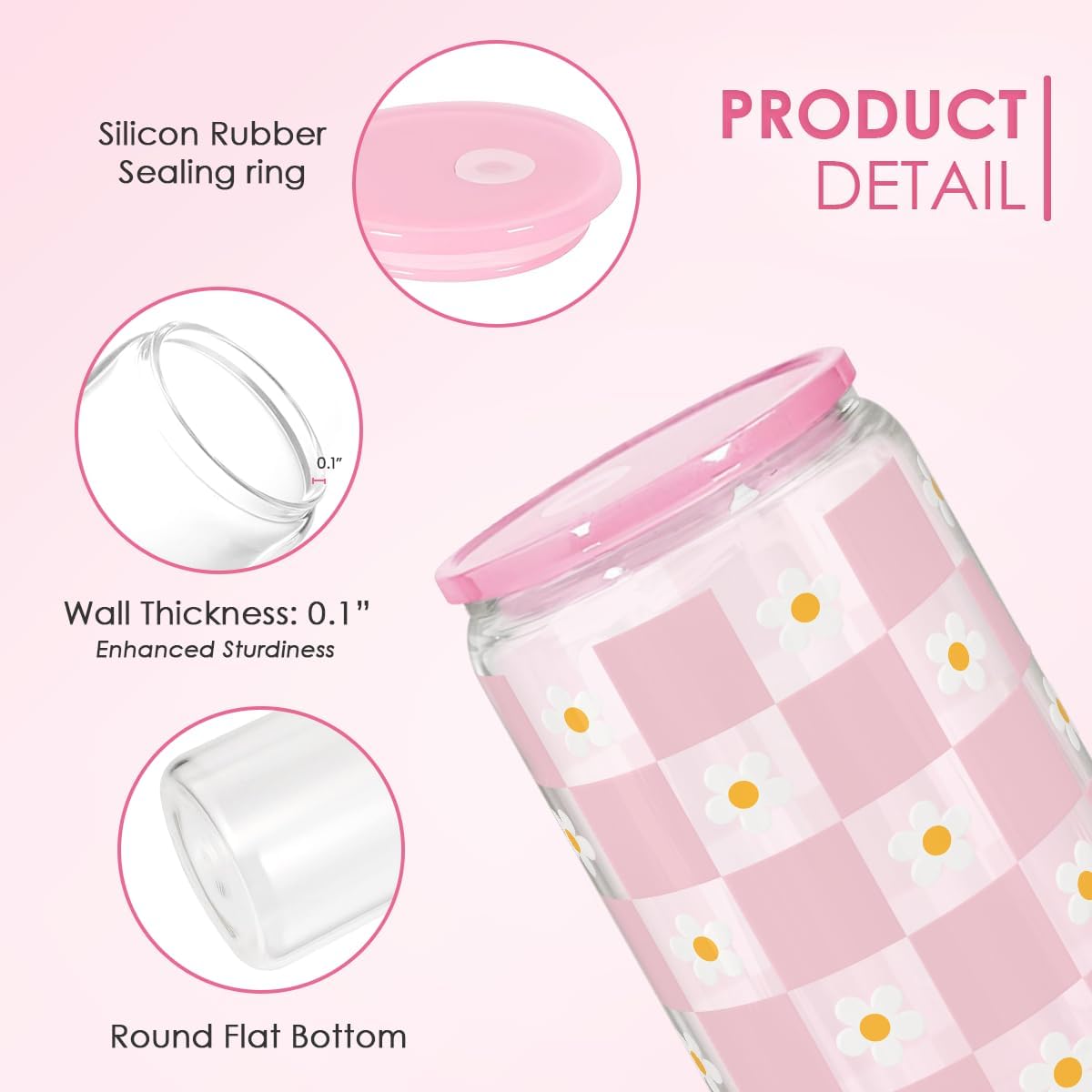 SANDJEST Checkerboard Daisies Glass Can, Floral Checker Cup with Lid & Straw, Iced Coffee Aesthetic Cups, Gift for Christmas Birthday Mother Day, Gifts for Women, 16oz