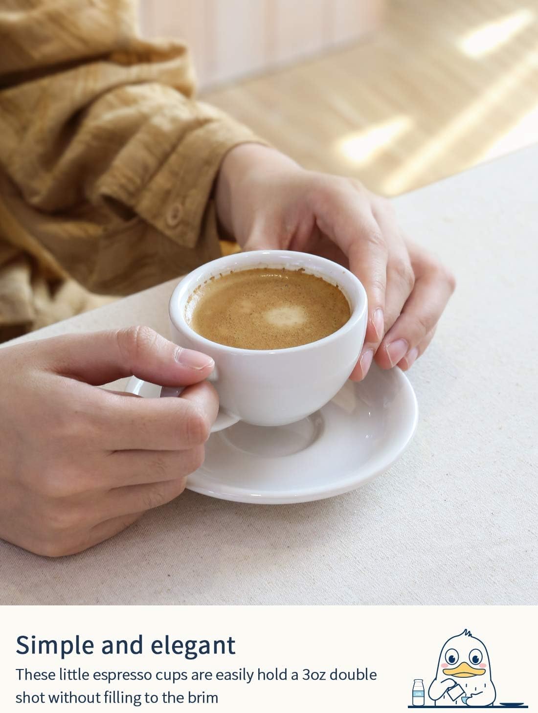 LE TAUCI 3 oz Espresso Cups with Saucers, Demitasse Coffee Cup for Shot, Lungo, Ristretto - 3 inch, Set of 4, White