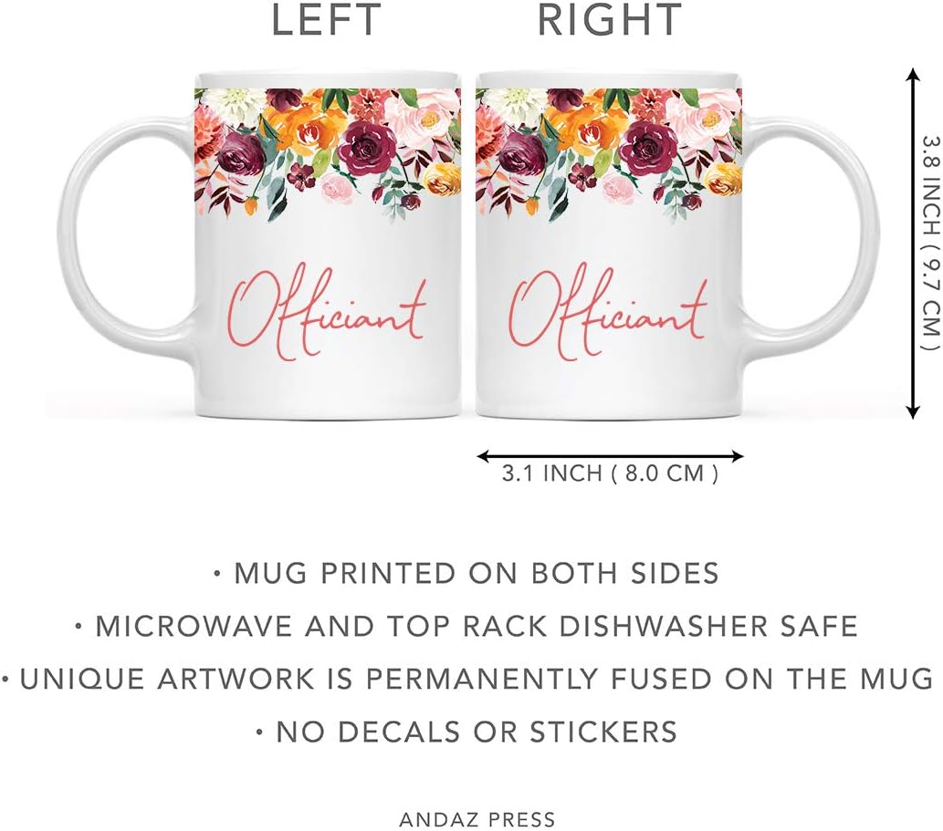 Andaz Press 11oz. Wedding Ceramic Coffee Tea Mug Gift, Fall Autumn Burgundy Orange Peach Flowers Roses Florals, Officiant, 1-Pack, Includes Gift Box