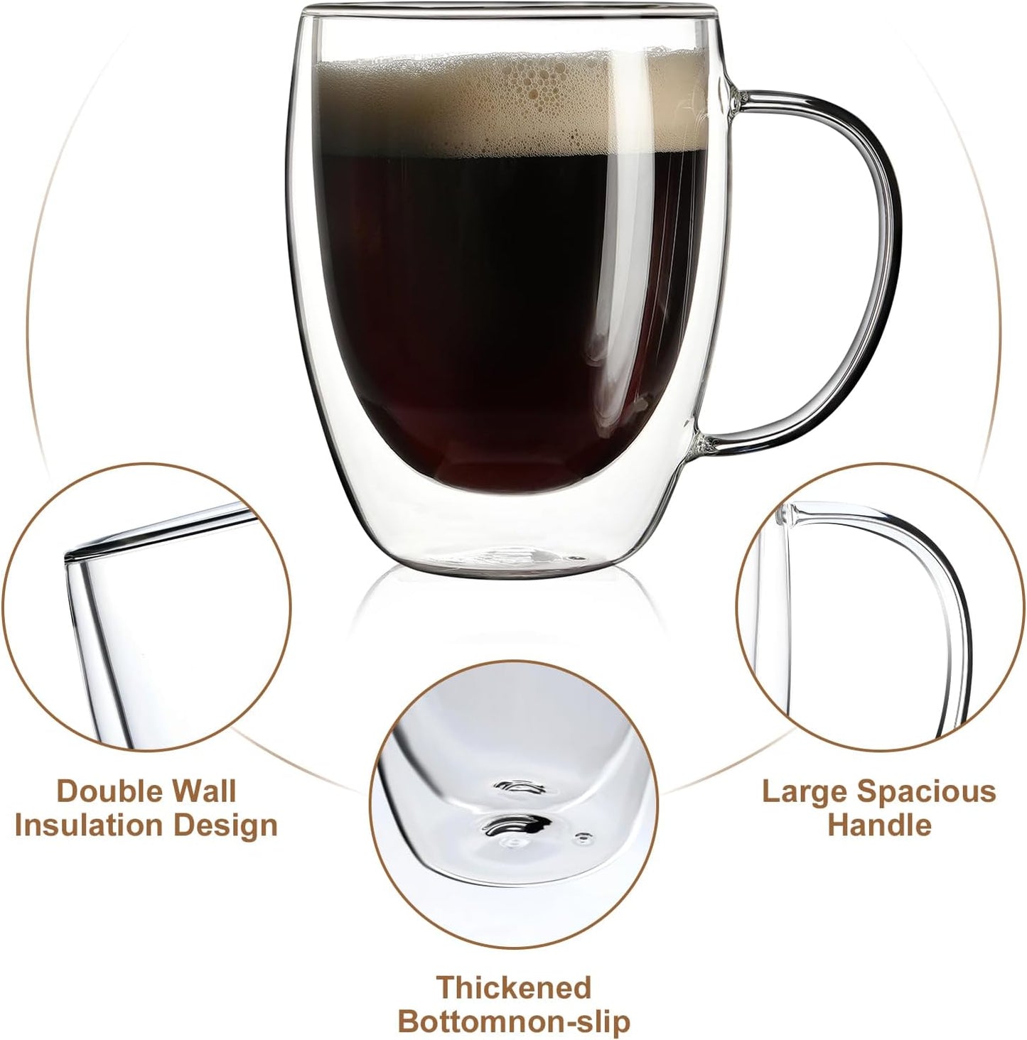 Aurzen 4 Pack Double Walled Glass Coffee Mugs with Handles, Large Insulated Layer Coffee Cups, Clear Borosilicate Mugs, Perfect for Cappuccino, Tea, Microwave Safe (12oz-4Pack)