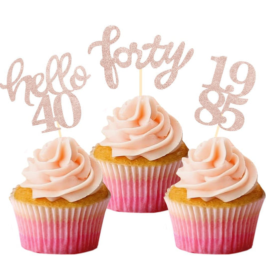 Rose Gold Glitter 40th Birthday Cupcake Toppers 40th Birthday Celebrating Party Decorations - Set of 24
