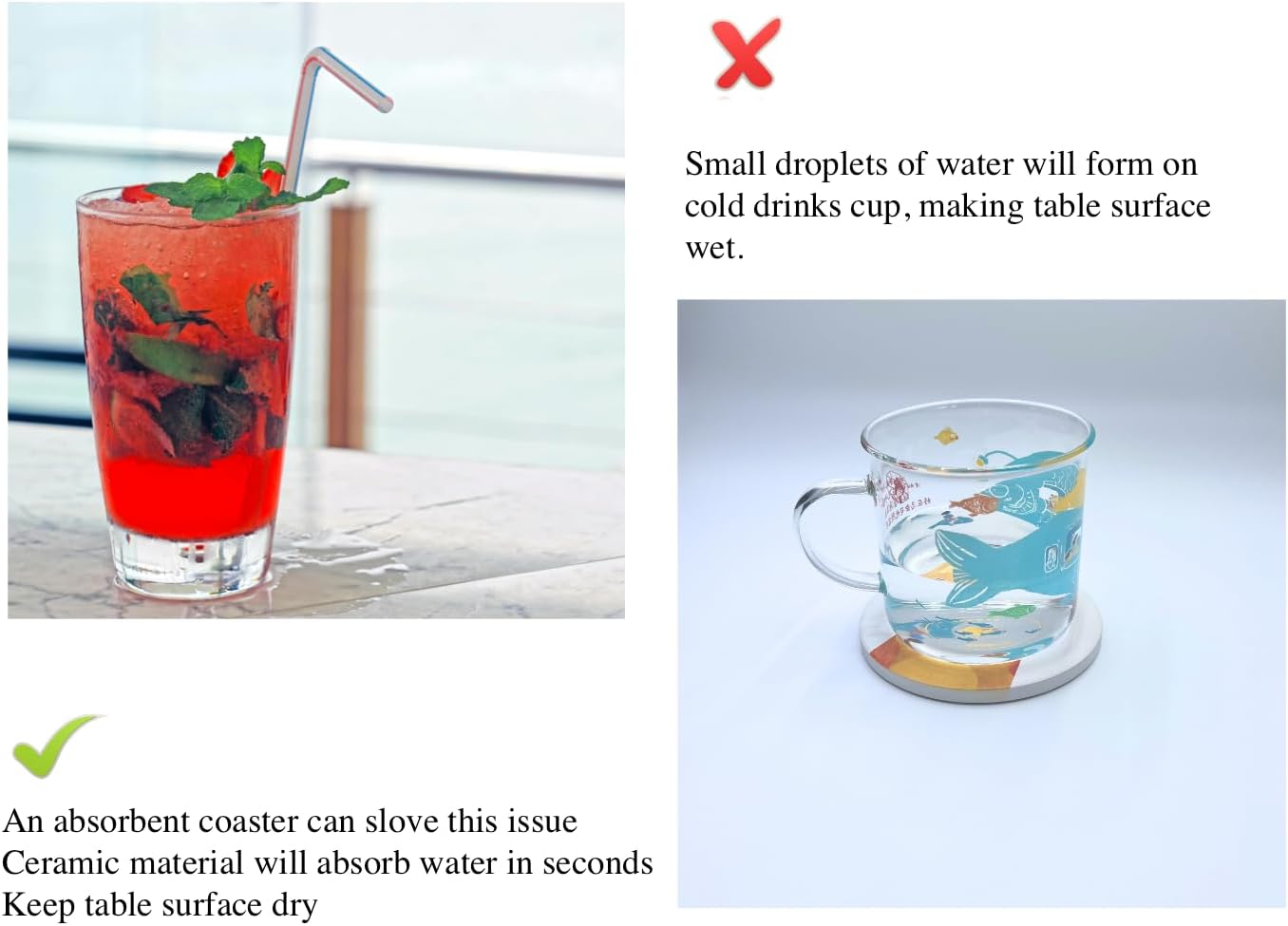 Coasters Set of 6 Round Ceramic Stone Absorbent Cute Cat Drinks Coasters for Cups and Mugs, Coffee Table, Office Desk, Outdoor Patio Table, Tabletop Surface Protection